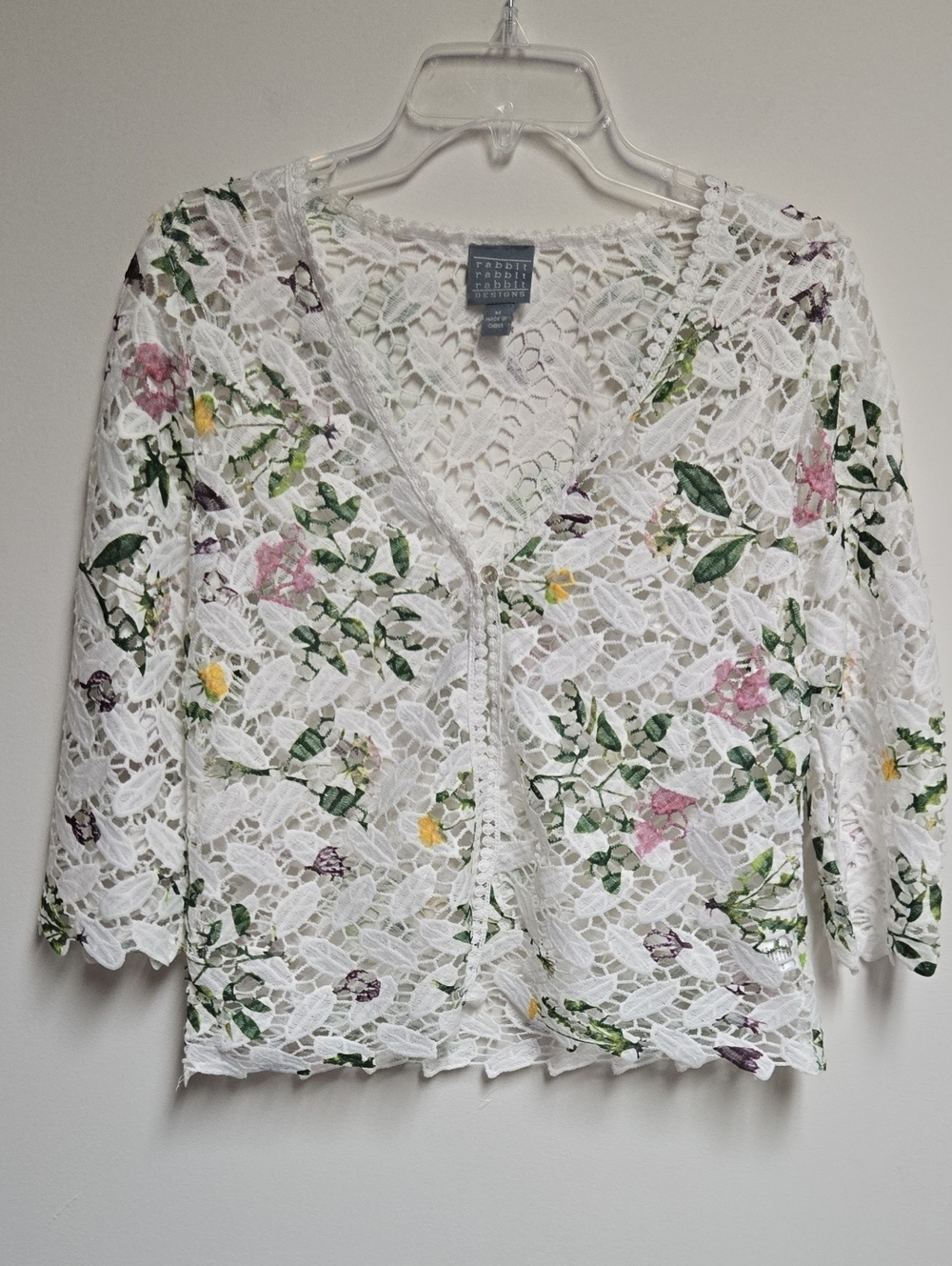 Rabbit Rabbit Rabbit Designs White Embroidered Floral Lace Cardigan Medium